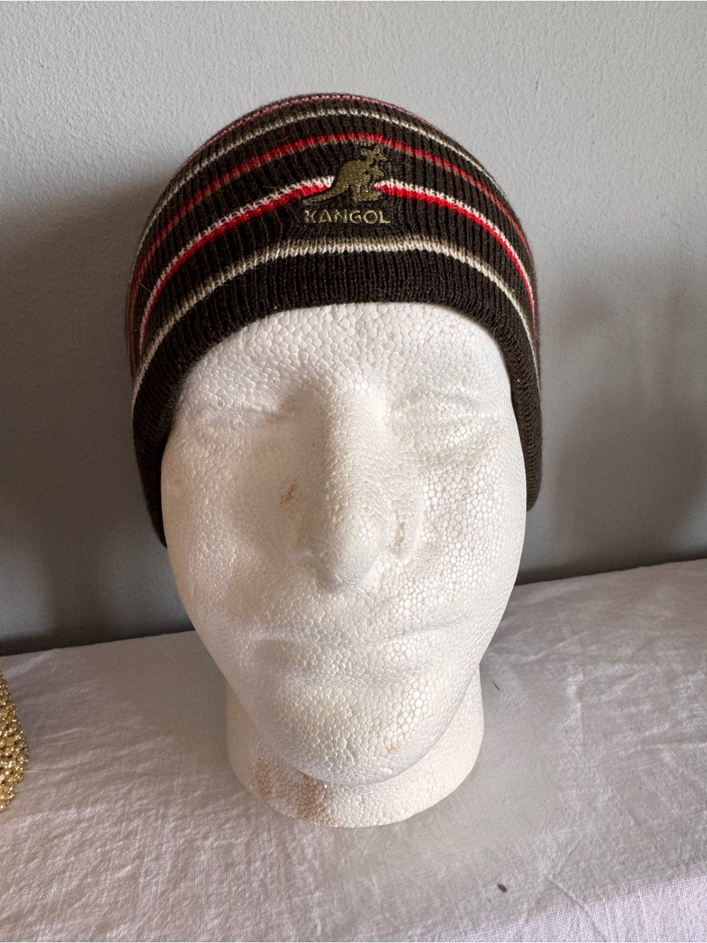 Kangol Brown Striped Knit Beanie with Red & Cream Accents